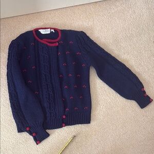 Navy Cable Knit Cardigan with Red Trim